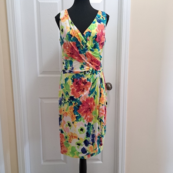 Chaps Floral Dress Faux Wrap Colourful Print Women's Large Sleeveless Dress - Picture 1 of 14